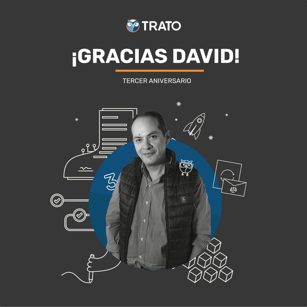 TratoApp's tweet image. Todo el equipo que conforma TRATO, hoy nos llena de orgullo y felicidad poder celebrar el tercer aniversario de David Pizaña. Reconocemos el trabajo que has hecho para crear un espacio de crecimiento e innovación, ¡Continuemos trabajando juntos por alcanzar nuevos logros!