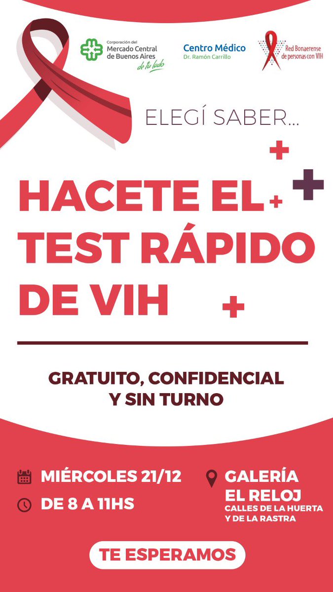 Red_bonaerense's tweet photo. 📣Venite a la jornada de testeo en el @cmercadocentral
📆Miércoles 21 de diciembre
⏰8 a 11 hs
📍Galería del Reloj (Calles de la huerta y de la rastra)
✊🏽Siempre es mejor saber, siempre!
#TestVIH #prevencionvih #vih #TestVIHgratis #testrapido #testrápidovih https://t.co/7W8kg0u3Lt