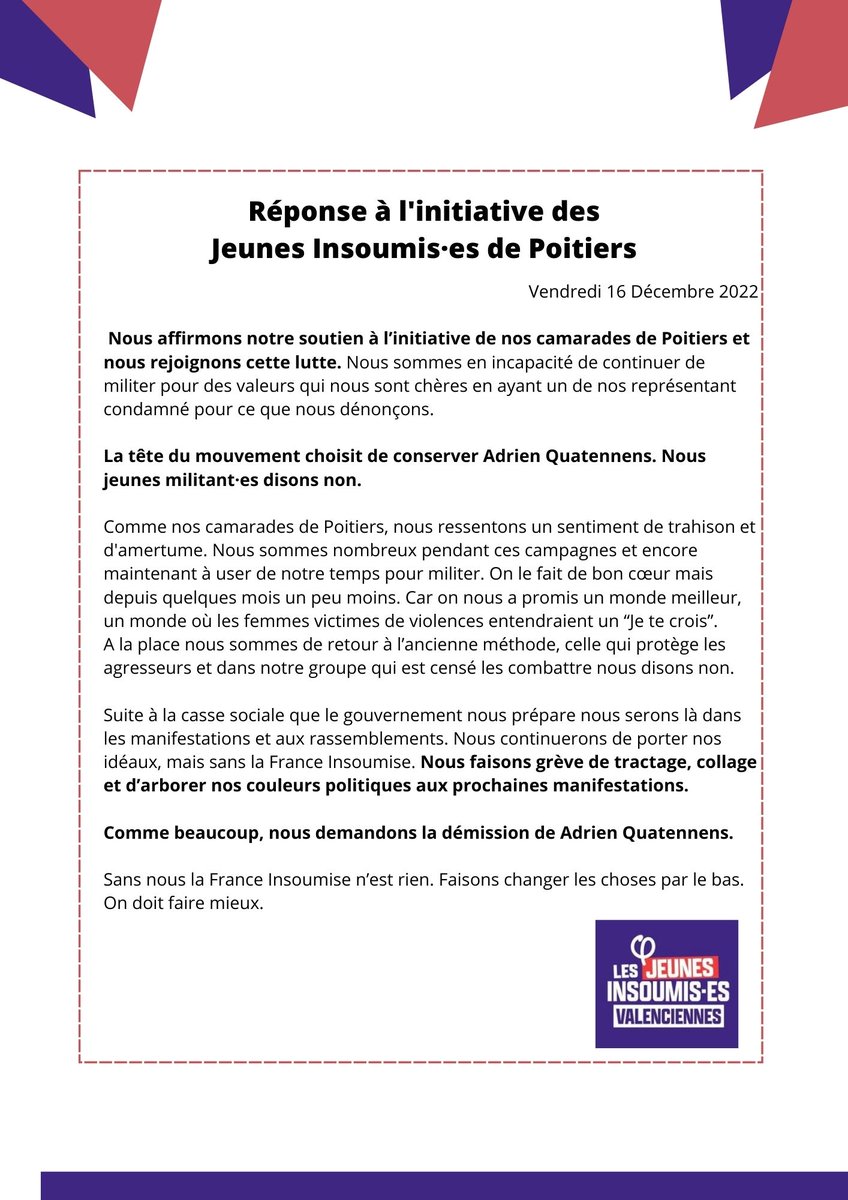 🔴 Suite à l'initiative des Jeunes insoumis•es de Poitiers et de certains autres groupes 🔴
Les Jeunes insoumis•es de Valenciennes rejoignent la grève militante en attendant l'exclusion du groupe <a href="/FranceInsoumise/">La France insoumise</a>.