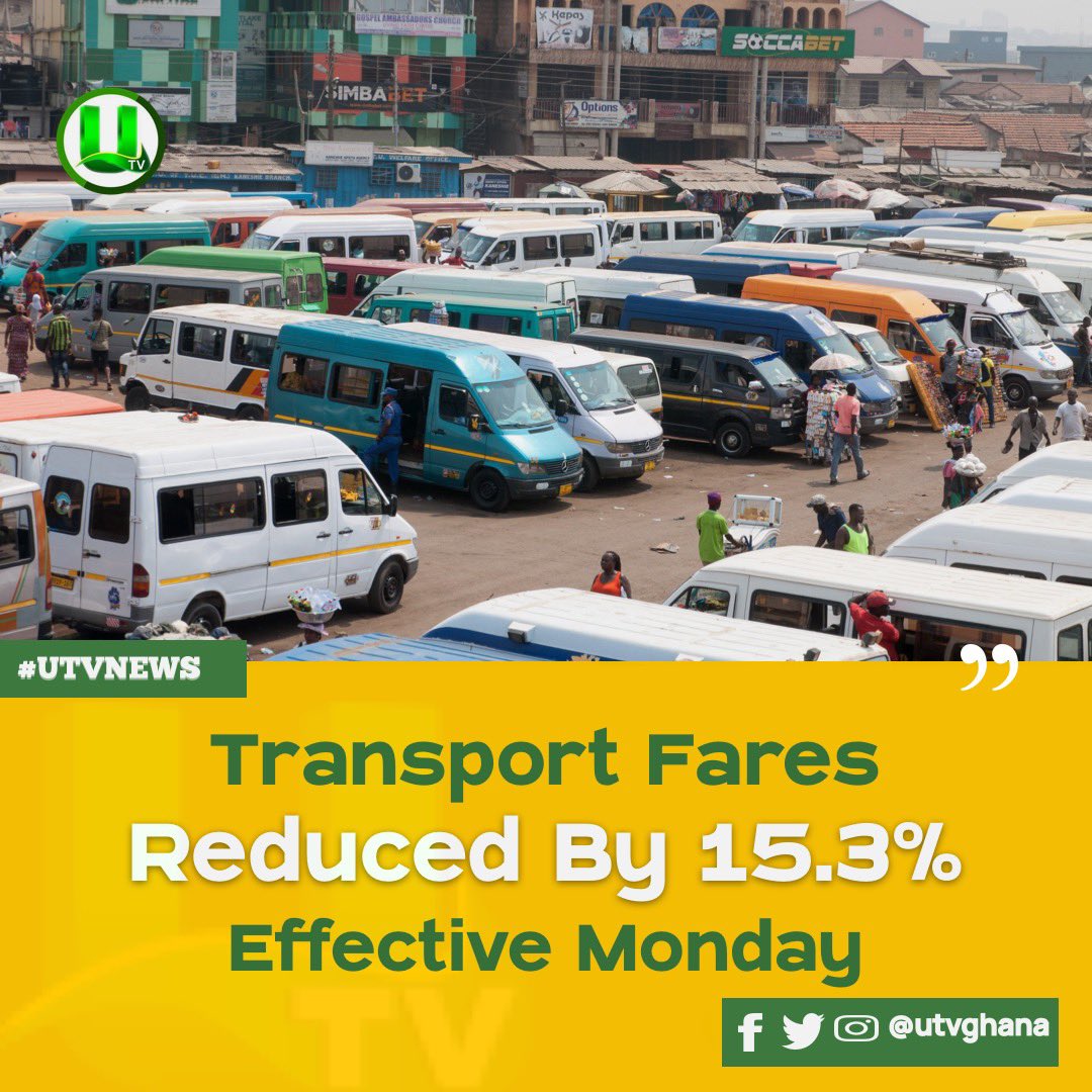 GPRTU and the Ghana Road Transport Coordinating Council have finally resolved to reduce transport fares by 15.3%.

The decision was taken after a series of negotiations with stakeholders.

The reduction takes effect on Monday December 19.

#UTVNews