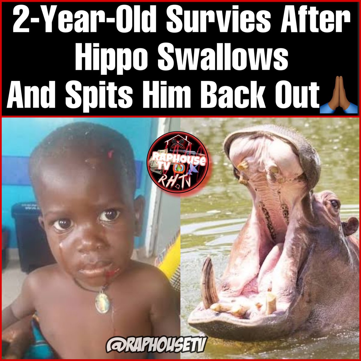 raphousetv2's tweet photo. A 2-Year-Old in Africa Survies After Hippo Swallows And Spits Him Back Out🙏🏾🦛🤕 https://t.co/yY41XZI4UL