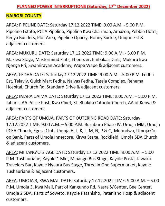 KenyaPower_Care's tweet image. Hello, these areas will be affected by scheduled power interruptions tomorrow: ^BT