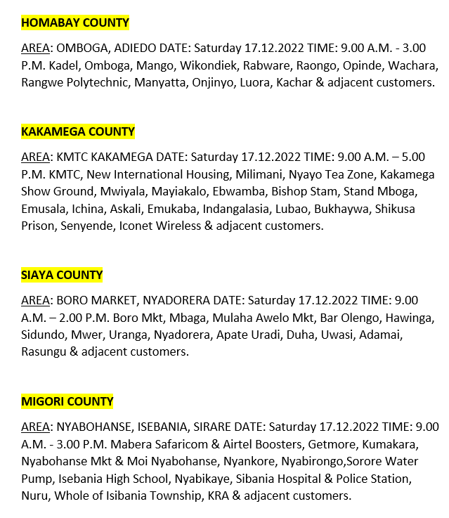 KenyaPower_Care's tweet image. Hello, these areas will be affected by scheduled power interruptions tomorrow: ^BT