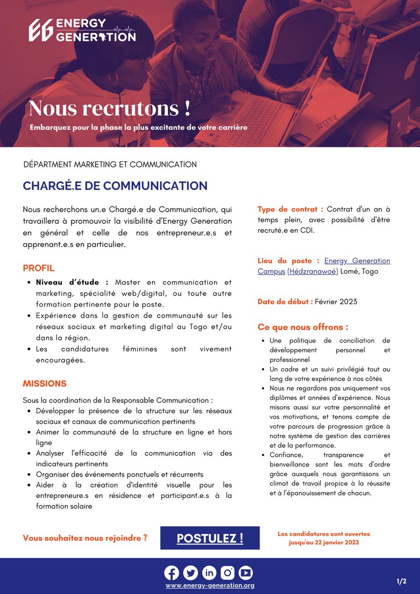 EnergyGenAfrica's tweet photo. #Offredeposte
Nous recherchons un.e Chargé.e de #Communication, qui travaillera à promouvoir la visibilité d’ #EnergyGeneration en général et celle de nos entrepreneur.e.s et apprenant.e.s en particulier.
👇🏾
https://t.co/WNq5ziV9Pu
#recrutement #WeWantYou #JobAlert https://t.co/ZyEvfUELng