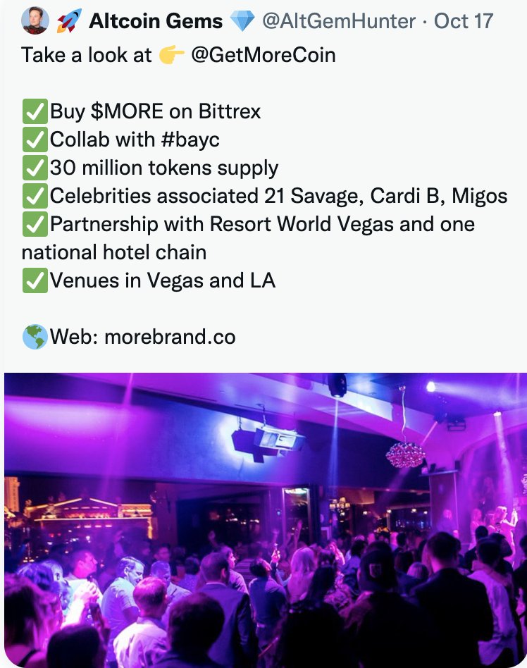 ✅Buy $MORE on Bittrex
✅Coming soon to Azbit P2PB2B
✅30 million tokens supply
✅Celebrities associated 21 Savage, Cardi B, Migos
✅Partnership with Resort World Vegas

Streaming on Twitch

Web: morebrand.co
TG: t.me/more_token

#Vegas $UNI $TRX $VET $BUSD