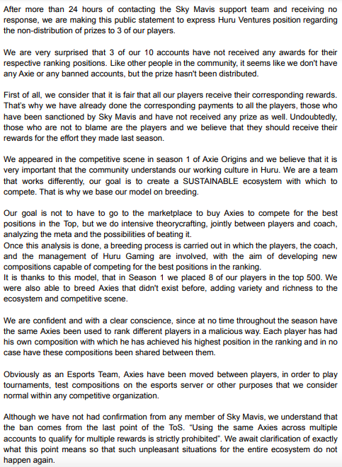 HuruGaming's tweet photo. COMUNICADO OFICIAL 
Presentamos un comunicado y una queja formal a @AxieInfinity porque 3 de nuestros jugadores no recibieron el premio que les correspondía.

OFFICIAL STATEMENT
We submitted a statement and a formal complaint because 3 of our players did not receive their prize. https://t.co/ooI2vMTVT8