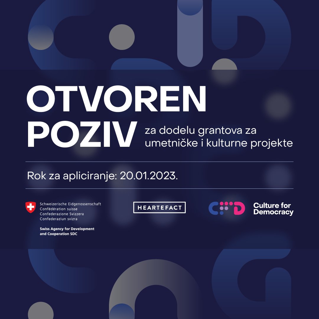 Pažnja svim aktivistima u oblasti kulture i umetnosti! 🇨🇭&amp; <a href="/heartefact_/">Heartefact</a> objavili su poziv za predloge projekata važnih za razvoj društva i raznolikost praksi nezavisnog umetničkog i kulturnog sektora u 🇷🇸.🎭👩🎨🧑🎨 Više informacija dostupno na linku: rb.gy/5bajkv