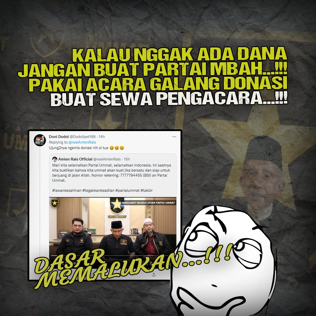 merahputihsuara's tweet photo. Ujung-ujungnya ngemis donasi nih si Amien Rasis. Kalau ga punya dana mending gausah buat partai sekalian mbah. Nyusahin banyak pihak aja karena gak bisa nerima kenyataan.

Pernah
Iron dome https://t.co/idRVziO12V