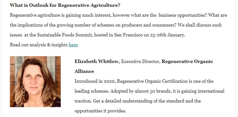 Regenerative agriculture certifications will be discussed with @regencertified at the upcoming <a href="/SFSummits/">SFSummits</a> Jan 25-26.  To request the full agenda, please contact:  sustainablefoodssummit.com/northamerica/c…