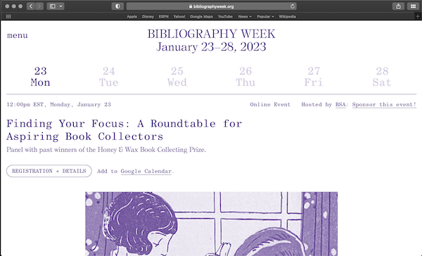 BibSocAmer's tweet photo. It's alive!! 🖥️🔌
https://t.co/T98AHeTbOc is a project by @BibSocAmer & @ABAA49 just in time for #BibWeek23.
Learn all about #BibWeek & plan to attend events online or in NYC Jan. 23-28. https://t.co/T98AHeTbOc puts the schedule at your fingertips. https://t.co/J8Zububbc8