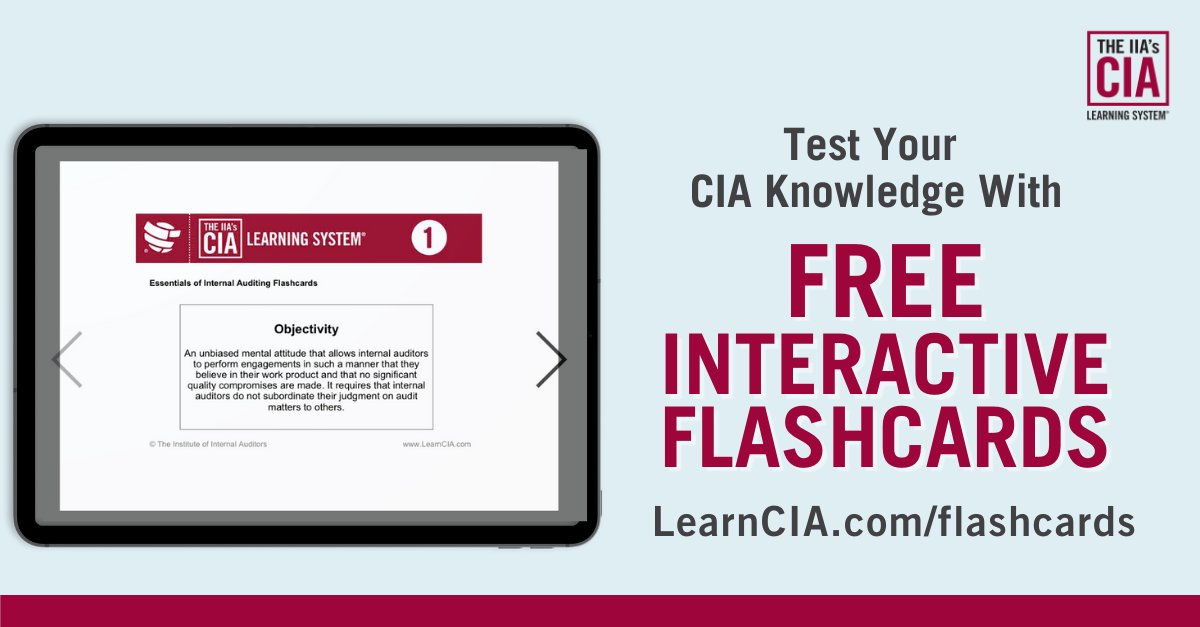 TheIIA's tweet photo. Understanding key terms & definitions is a fundamental part of #CIAExamPrep. Try 30 free CIA flashcards, including 10 terms from Parts 1, 2, and 3! https://t.co/5I1Q3kUADm
#CIAExam #CertifiedInternalAuditor #InternalAudit #CIALearningSystem #TheIIA https://t.co/B2WnbJu1VN
