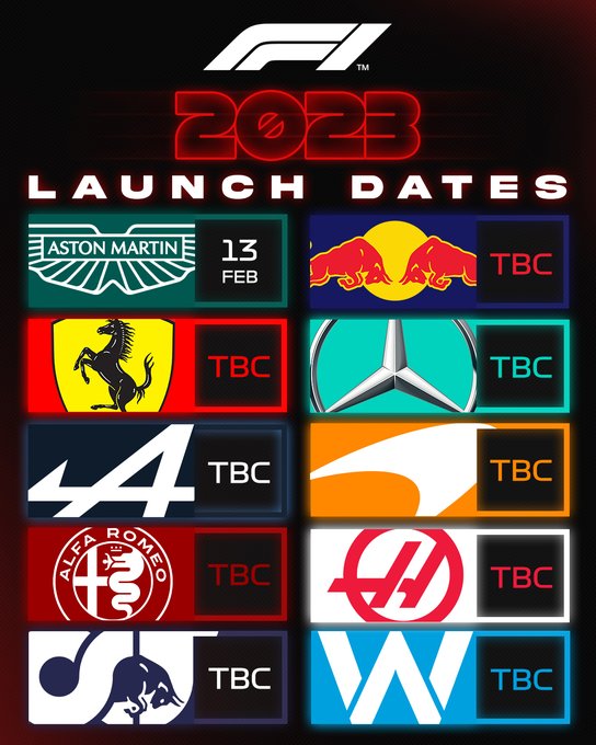 A graphic displaying the 2023 car launch dates of each team.

Aston Martin will launch their car on February 13th, while the other teams are listed as TBC.