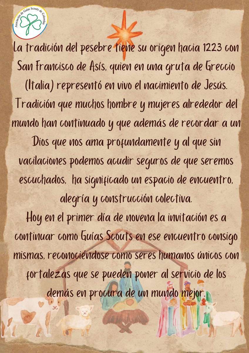 Guias_ScoutsCol's tweet photo. La tradición del pesebre tiene su origen hacia 1223 con San Francisco de Asís quien en una gruta de Greccio-Italia quien representó en vivo el nacimiento de Jesús. La invitación es reconocernos como seres únicos con fortalezas al servicio de los demás en procura de un mundo mejor https://t.co/JM8Eq8U4gK