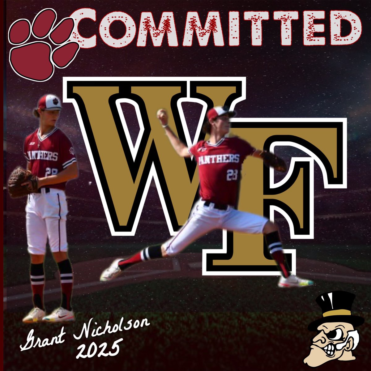 GrantNicholso17's tweet photo. After much prayer and many talks with my family, I am extremely excited to announce that I will be continuing my academic and athletic career at Wake Forest University! @SCPanthers_ @simmonscoach42 @WakeBaseball @CoachMoose31 @Trev0r8 @CharChristAD @bill_cilento https://t.co/PLCSjfI5HG