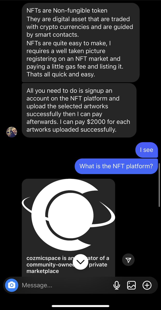 rade22_'s tweet photo. @ratantee Um, a little bit more on that: 
And yeah, he says he ONLY trades on cozmicspace, not even Opensea.

Wouldn’t trust it tbh. Guy seems really desperate. It’s really sketchy and I’m not even gonna register in the website. https://t.co/obkmXHWXHd