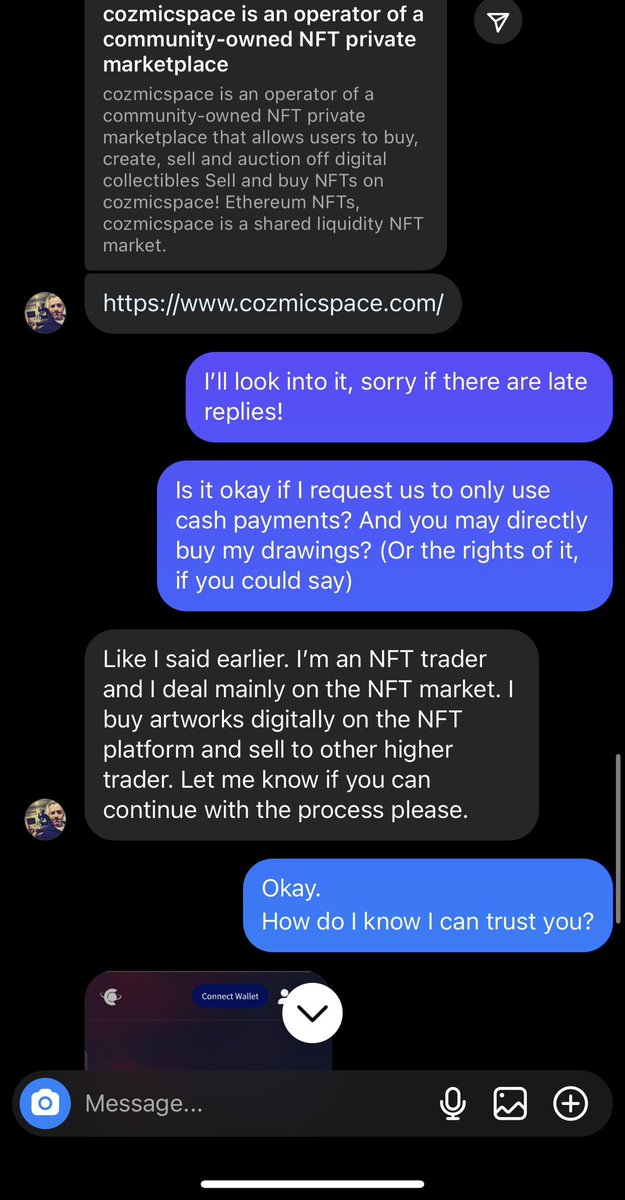 rade22_'s tweet photo. @ratantee Um, a little bit more on that: 
And yeah, he says he ONLY trades on cozmicspace, not even Opensea.

Wouldn’t trust it tbh. Guy seems really desperate. It’s really sketchy and I’m not even gonna register in the website. https://t.co/obkmXHWXHd
