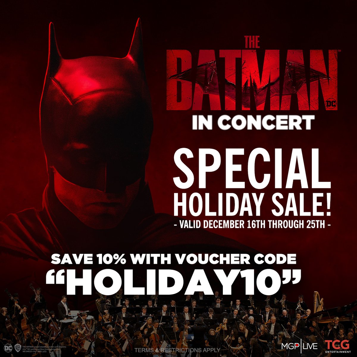 TheBatman's tweet photo. It's time to suit up! 🦇 From Dec 16-25, receive 10% off on ALL #TheBatmanInConcert dates! Use code “HOLIDAY10” to get tickets for a very special screening of #TheBatman2022 as a symphony orchestra plays the Grammy-nominated score LIVE alongside the film! 🎻 #DCinConcert https://t.co/4AGCJCvTSv