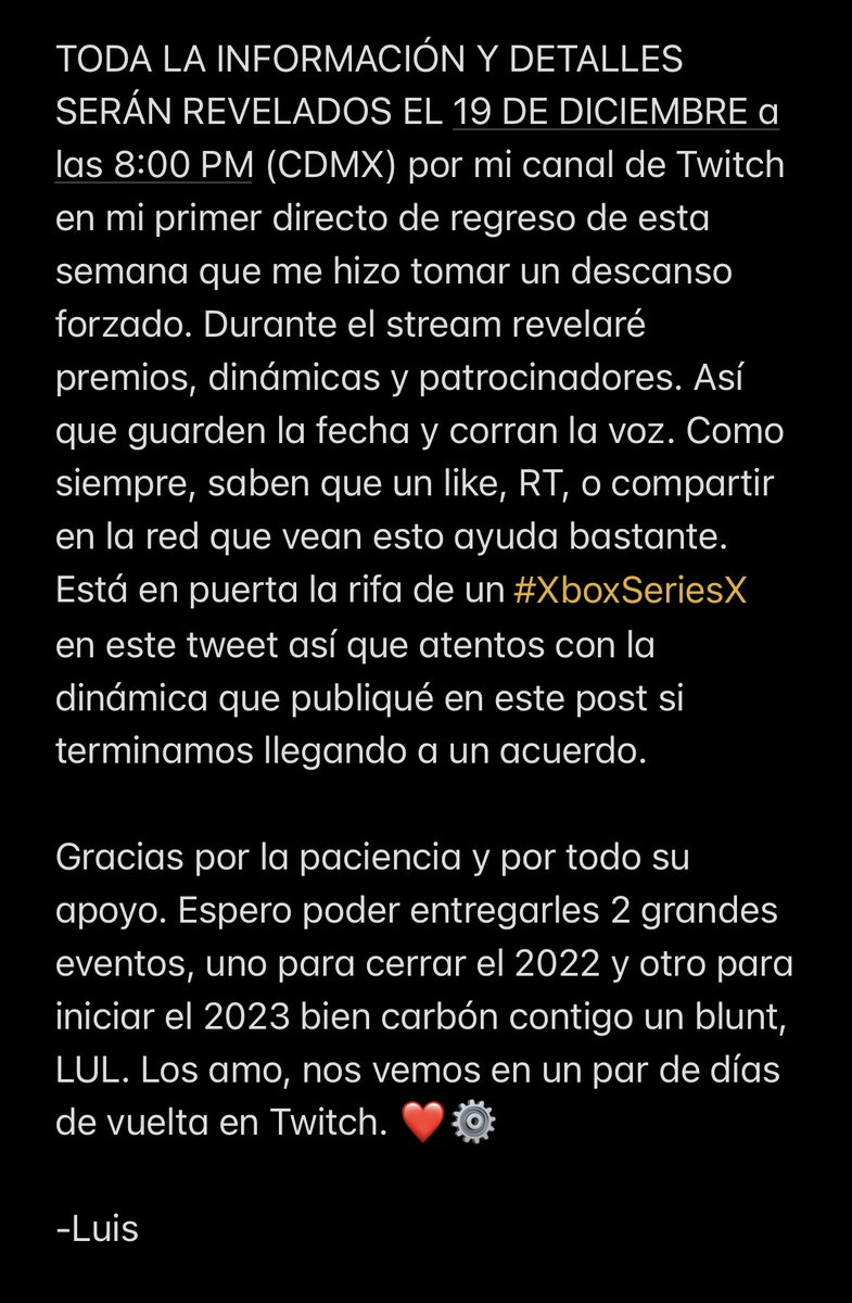 Una marca me dijo que patrocina un #XboxSeriesX para una persona que deje su ❤️ en este tuit y esté presente durante el torneo 1vs1 que haremos. ⚙️

Aún no les he confirmado, pero, jalan? 

POR FAVOR, LEAN EL SIGUIENTE COMUNICADO con información del evento y el próximo directo: