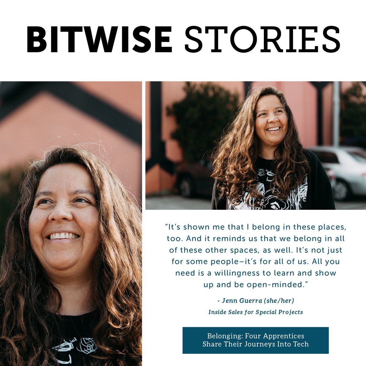 BitwiseInd's tweet photo. For Jenn Guerra, the phrase “No one belongs here more than you,” rings true. From the beginning, she adopted a can-do attitude that helped her succeed as an apprentice, and later, as a full-time Bitwise employee. Read on to learn more about Jenn and her journey. 💙 #BitwiseTeam https://t.co/yyLK30pFpn