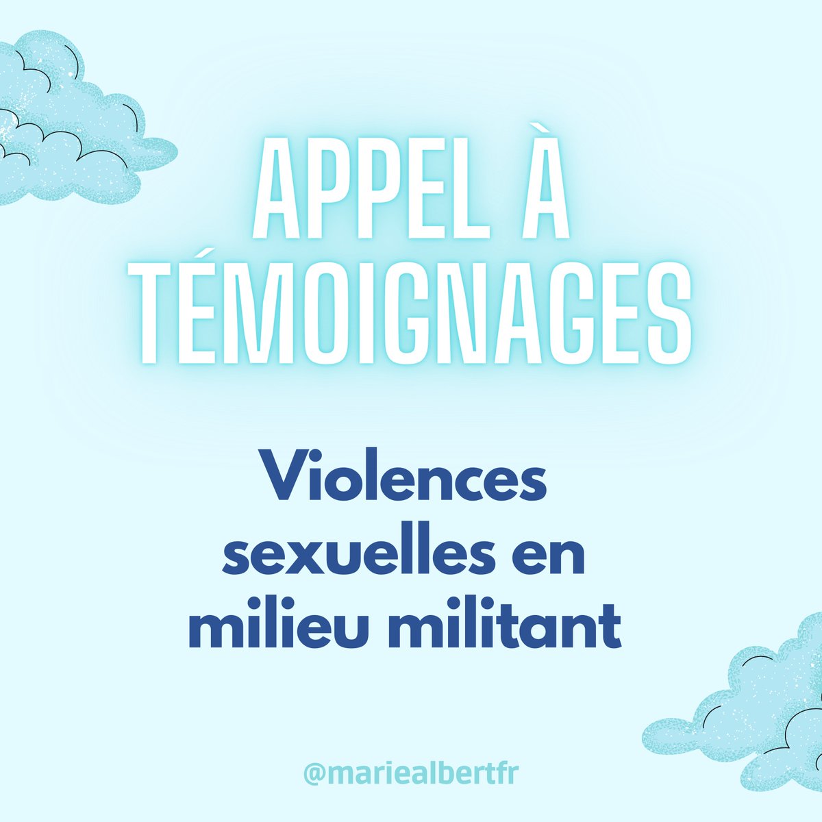 Appel à témoignages : violences sexuelles en milieu militant

Pour un article pour la <a href="/deferlanterevue/">La Déferlante</a>, je cherche des personnes victimes ou témoins de violences sexuelles en milieu antiautoritaire

Écrivez-moi en MP ou par mail : marie.albert@mailo.com

RT appréciés