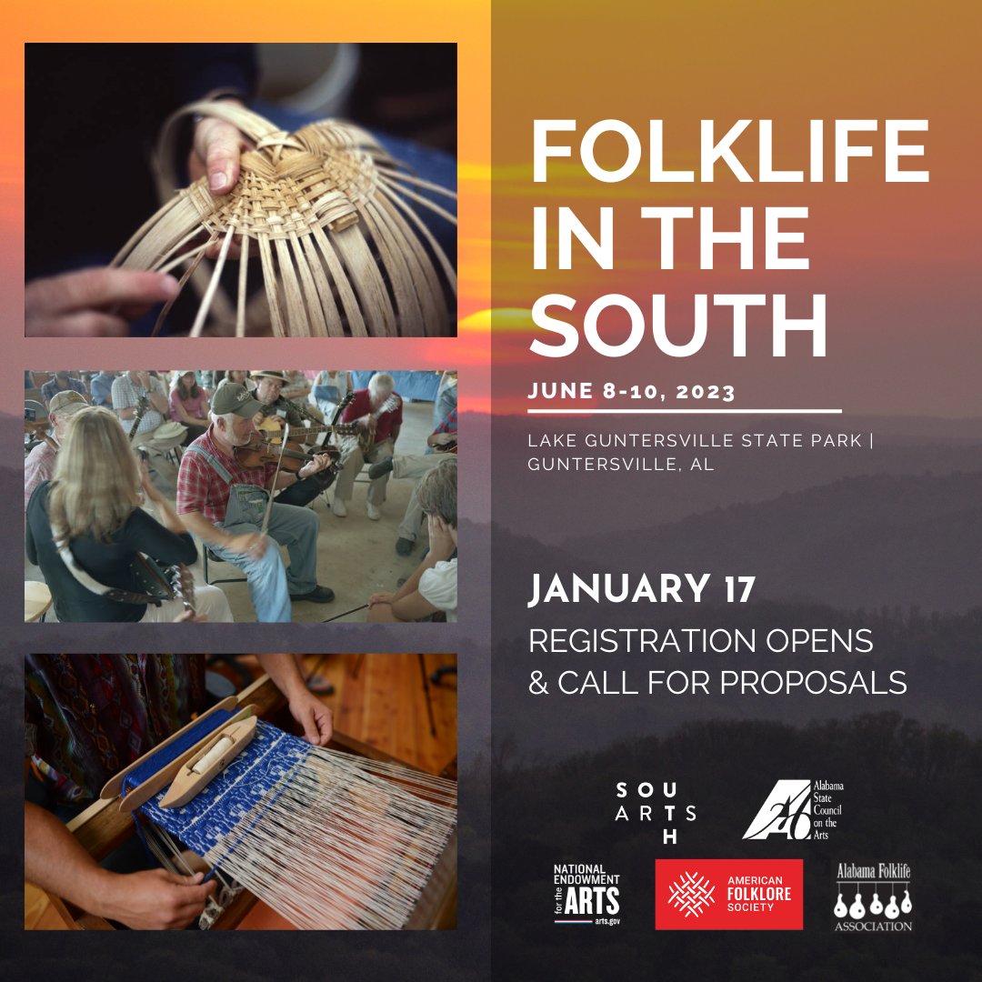 #FOLKLIFE IN THE #SOUTH is coming to #Alabama in 2023! This regional gathering unites #community scholars, #cultural workers, #traditional #artists, and #folklorists from across the #Southeast! Join us JUNE 8-10, 2023 <a href="/lakegvillesp/">Lake Guntersville SP</a>! Regist. opens JAN 17. bit.ly/FITS2023