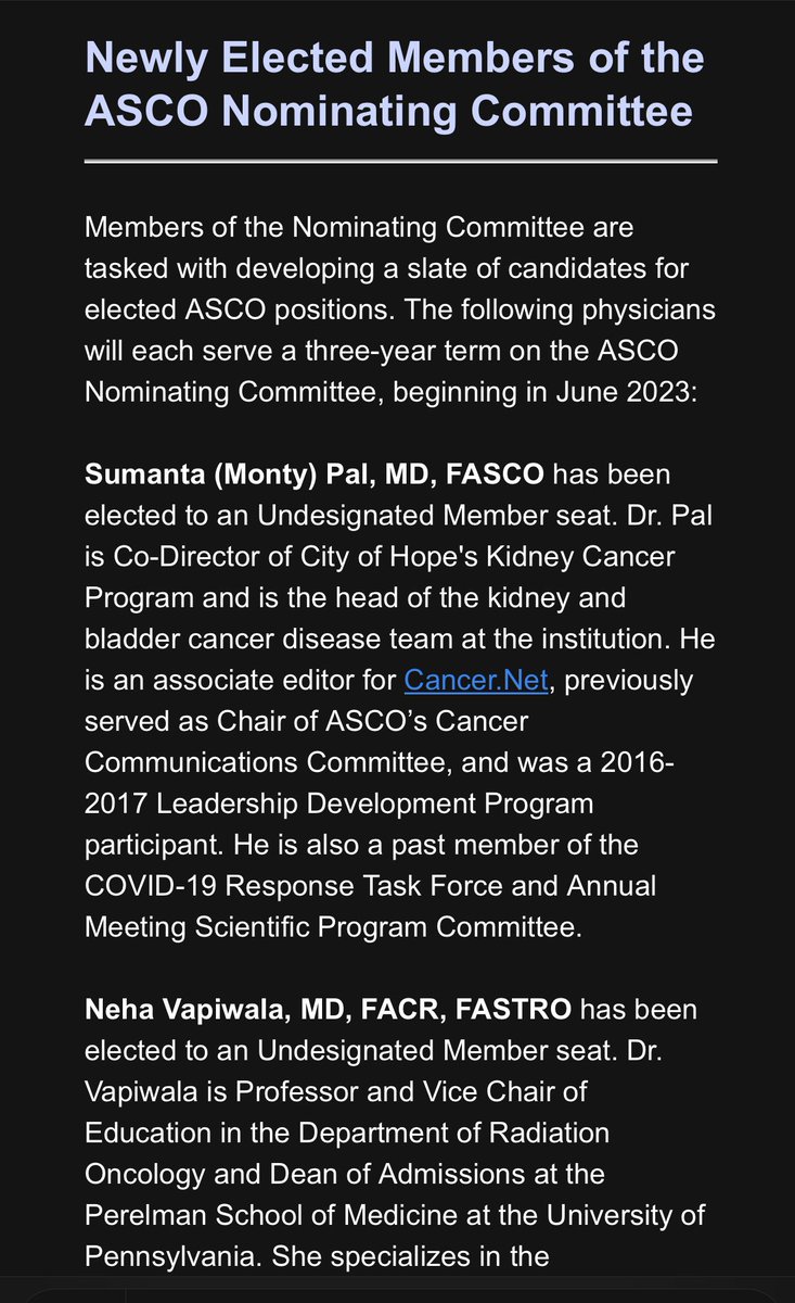 Shout out to my friend and colleague @montypal and @NehaVapiwala to be elected for ASCO nominating committee and our new ASCO president Dr Robin Zon for 2024! @ConquerCancerFd @ASCO all great things to look forward too! #asco22 @DanaFarber_GU