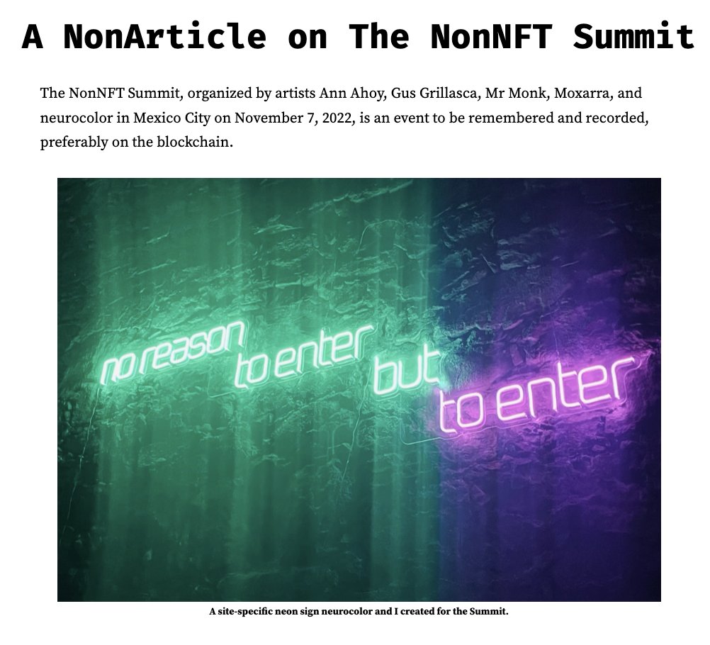 just listed the remaining editions of the article I wrote on <a href="/NonNftSummit/">The NonNFT Summit</a> as free mints on <a href="/fx_hash_/">fxhash</a> with all royalties set to go to #tezosforiran. 

if you'd like one, pls take one via the link below.