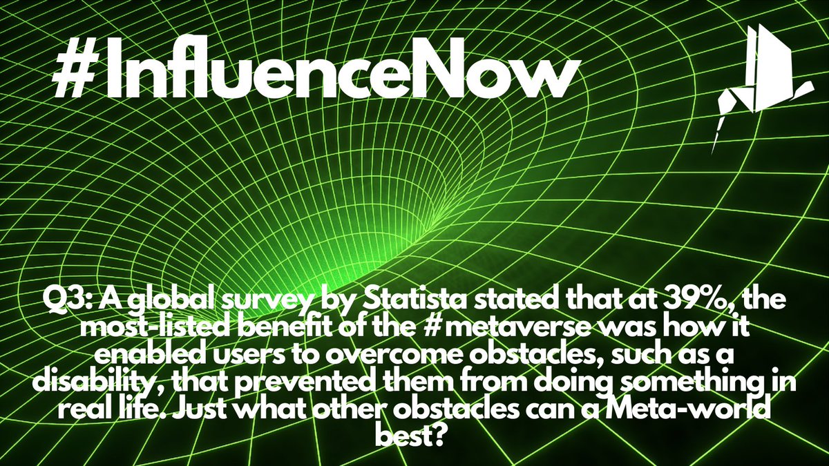 djwing_wing's tweet photo. Q3: Global survey by Statista stated that at 39%, the most-listed benefit of the #metaverse was how it enabled users to overcome obstacles, such as a disability, that prevented them from doing something in real life. Just what other obstacles can a Meta-world best? #InfluenceNow https://t.co/BTxPqUC6BS