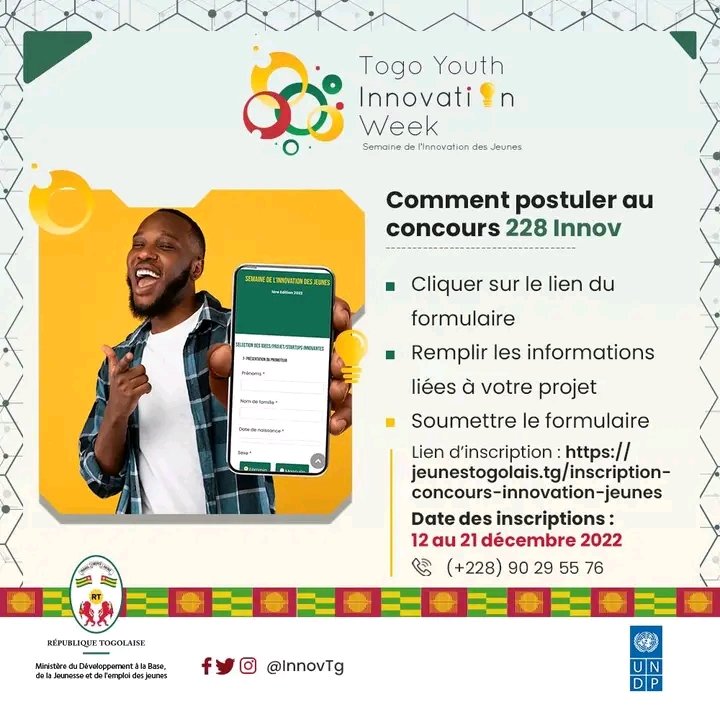 AristAgbley's tweet photo. Comment postuler au concours 228 Innov ??

Lien d'inscription : https://t.co/ReJGOgg0pz

#emploi 
#jeunes
#DevBase
#PrésidenceDeLaRépubliqueTogolaise
#PrimatureTogo 
@faiejtogo @jovialsodatonou @TogoOfficiel @innovTg @GouvTg https://t.co/GwO5GciCcO