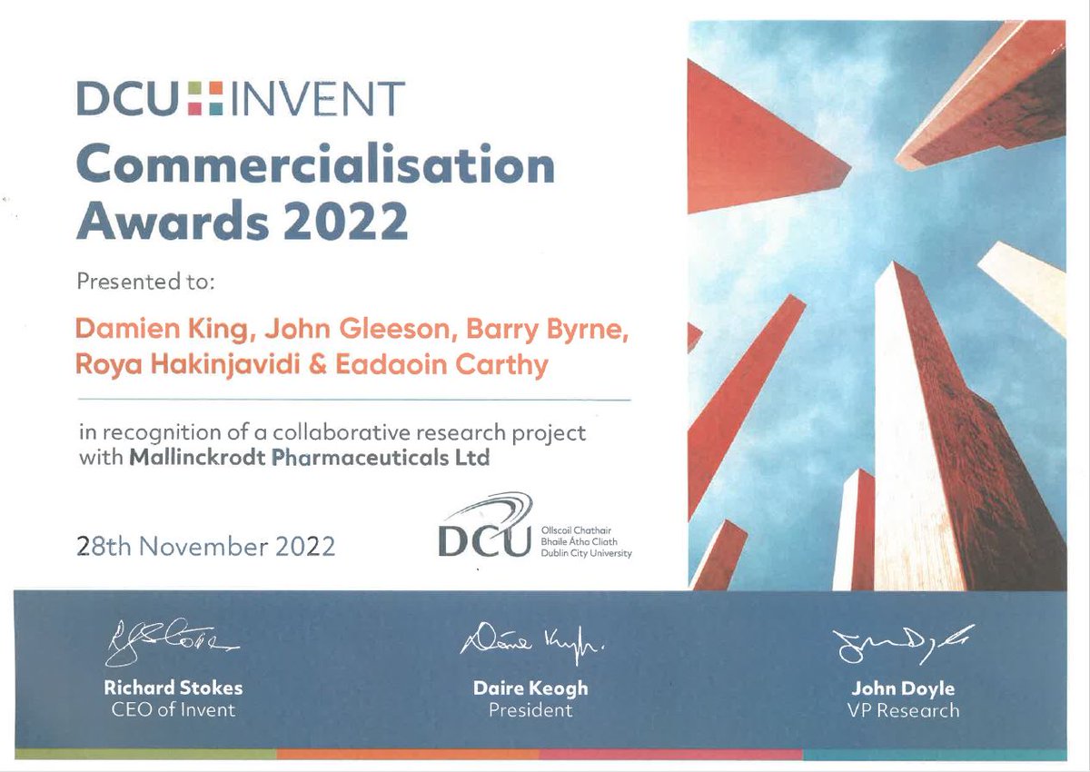 Great news to receive a <a href="/DCUInvent/">DCUInvent</a> #commercialisationaward2022 to recognise a collaborative project between <a href="/MicrofluidicsIE/">Microfluidics Ireland</a>  <a href="/DcuBiotech/">DCU School of Biotechnology</a> and Mallinckrodt Pharmaceuticals Ireland.