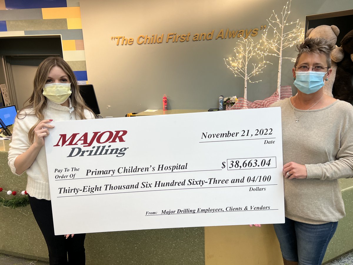 MajorDrilling's tweet photo. Our staff recently presented a check to @primarychildren Hospital in SLC, Utah. Proceeds are from a golf tournament hosted by #MajorDrilling America in August. We love it when our vendors and suppliers join us to support our local community #MajorDrillingCares #ESG @Intermountain https://t.co/PbVMnmFM21