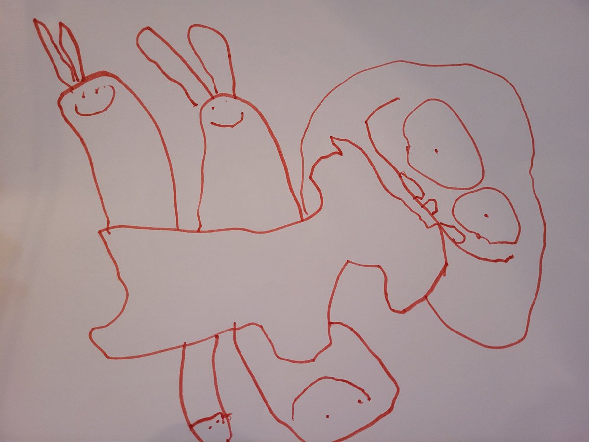 Our three year olds artwork! Two bunnies and three monsters sitting round a goat. Obviously!