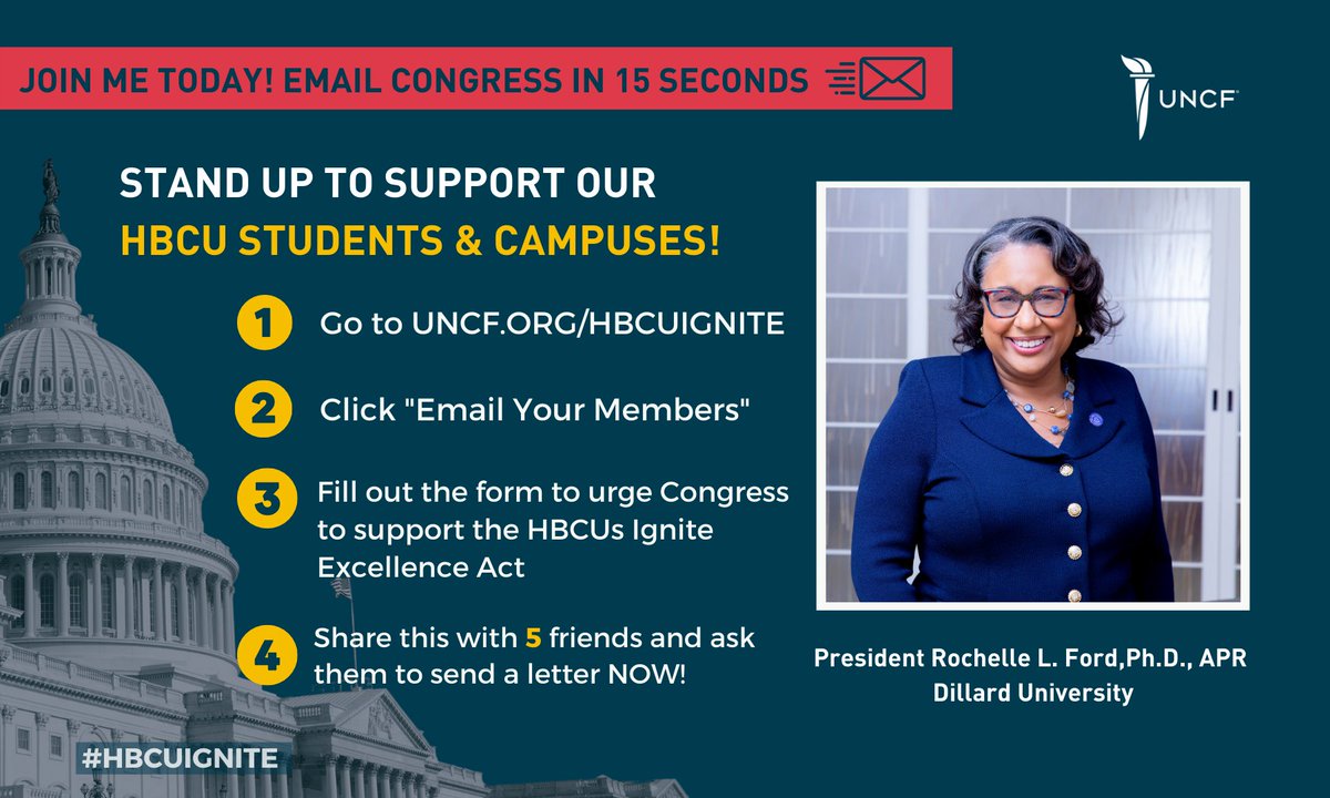 Join @rocford in taking a stand by urging Congress to pass the HBCUs IGNITE Excellence Act. 

This bill is critical in helping HBCUs across this nation to make major improvements in their buildings and research facilities. 

#HBCUIgnite #UNCF #myDU #FairDillard