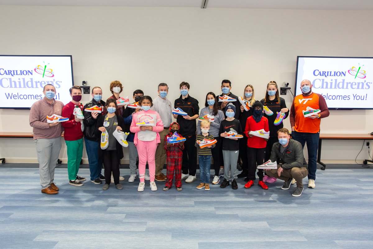 CarilionClinic's tweet photo. This week some of our pediatric oncology patients teamed up with @HokiesMBB and @HokiesWBB coaches and players to design custom sneakers for the coaches and staff to wear later this season. Thank you to @hokiesports for partnering with us to fight pediatric cancer! https://t.co/zkXlegRw3f