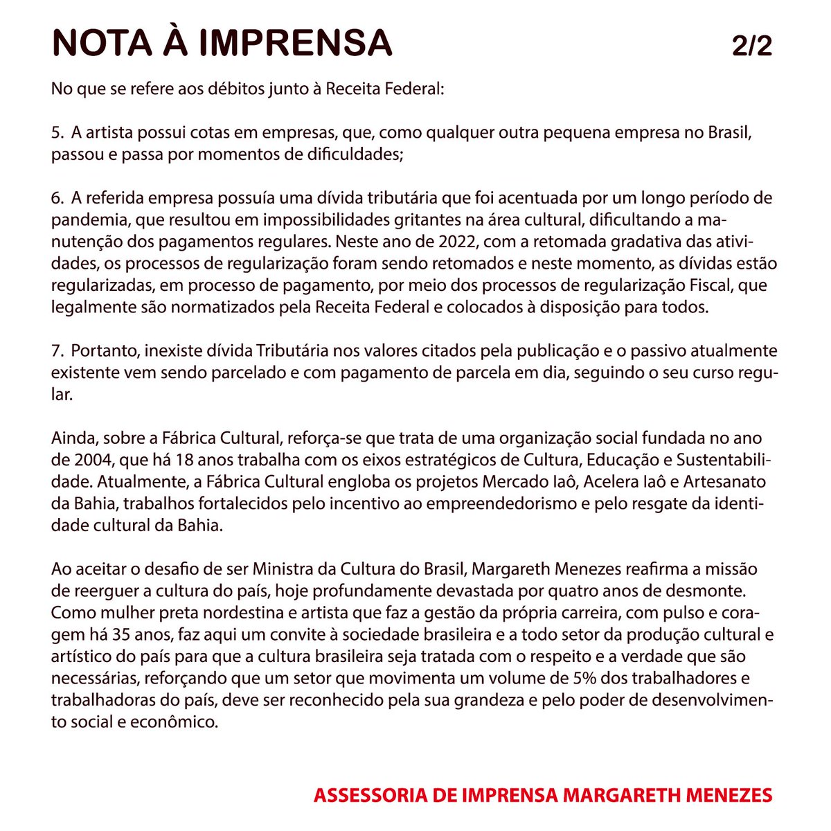 MargarethMnzs's tweet photo. Nota à imprensa em relação a matéria publicada nesta sexta-feira, 16 de dezembro de 2022, no site da Revista Veja. https://t.co/yoRQFLpPxt