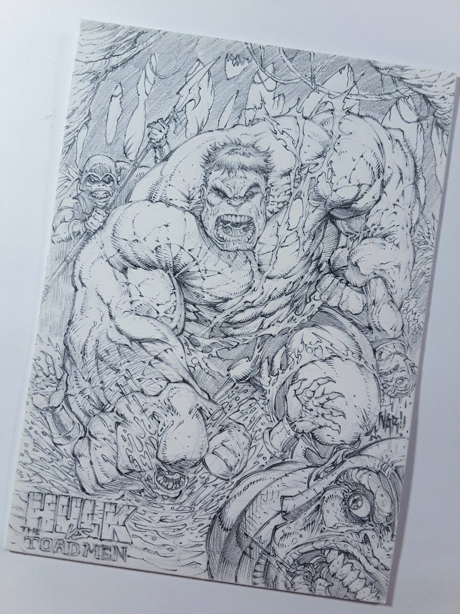 Artist_Nar's tweet photo. The Incredible HULK vs The Toad Men - swamp battle.
Pencils on trading card by yours truly.  
Have a great weekend!🥸

#hulk #classicmarvel #realdrawing https://t.co/lkcYK4Zs8A