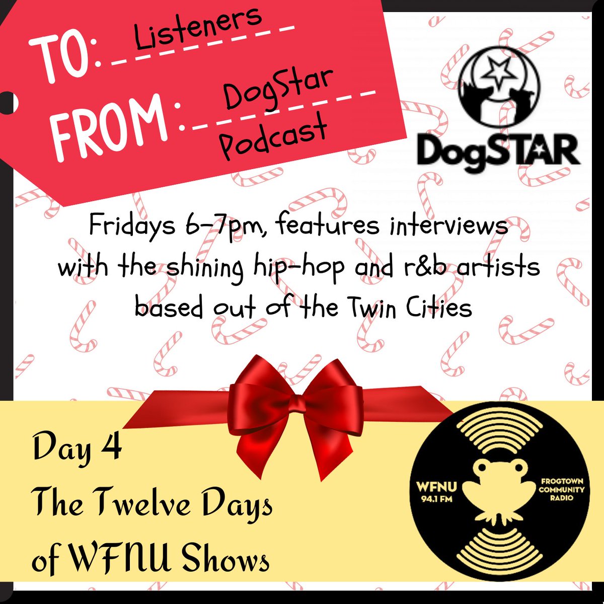 wfnuradio's tweet photo. This holiday season, we’re spotlighting 12 days of #WFNU shows!
Tune in to the the DogStar Podcast, Fridays from 6-7 pm.
WFNU #radio has over 50 unique shows from music to talk. Listen on demand on our smartphone app or at https://t.co/Ic9j3GL800 https://t.co/JMBaftOEu8