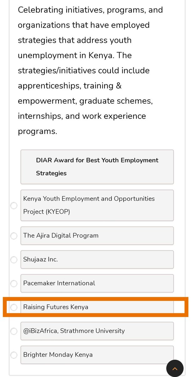Hello friends <a href="/RaisingFutures/">Raising Futures Kenya</a> Kenya has been nominated for the <a href="/DIAR_Awards/">Daima Trust-For Planet People Prosperity Posterity</a> under category 15 'Best Youth Employment Strategies' for it's impactful <a href="/SeedofHopeKenya/">Seed of Hope - Kenya</a>
project. 
Please take a moment to vote: diarawards.com/vote/ 🗳
Voting closes on the 23rd Dec 2022 #DIARAwards