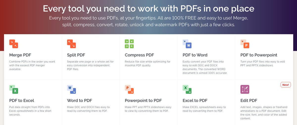 #4 I love PDF

Esto no sé como sigue siendo gratis, la verdad.
Te permite: 
→ FIrmar
→ Comprimir
→ Unir o separar
→ Bloquear o desbloquear
→ Convertir a otro formato
→ Editar

Y mucho más...

ilovepdf.com