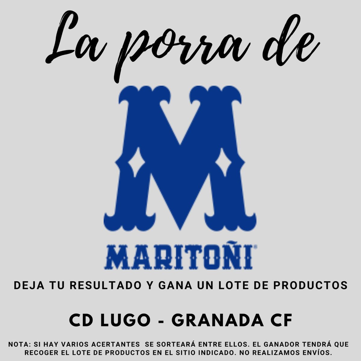 granadaenjuego's tweet photo. ⚽️ 𝐋𝐚 𝐩𝐨𝐫𝐫𝐚 𝐝𝐞 𝐆𝐫𝐚𝐧𝐚𝐝𝐚 𝐄𝐧 𝐉𝐮𝐞𝐠𝐨

¡Acierta el resultado del CD Lugo 🆚 Granada CF en nuestras redes sociales y llévate un fantástico lote de productos @Maritoni_SL!

👇 Condiciones

✅ Seguir a nuestro perfil.
✅ RT y MG.
✅ Comentar el resultado. https://t.co/34LP74ckyF
