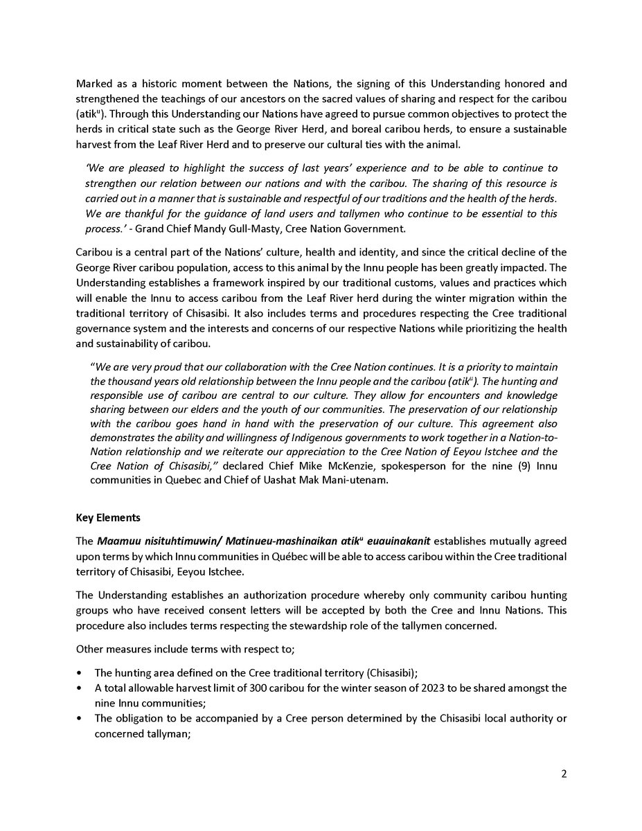 PRESS RELEASE 

The Cree and the Innu continue to strengthen their relations to protect caribou populations as they sign the renewal of the Traditional Mutual Understanding on the Harvest of Caribou for the year 2023