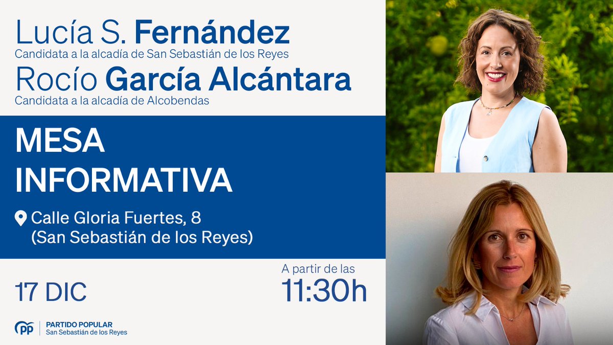 #SomosLaAlternativa Este sábado tendremos una mesa informativa muy especial junto a los compañeros de <a href="/PPAlcobendas/">PP Alcobendas</a> y las candidatas de <a href="/ppmadrid/">PP Comunidad de Madrid</a> a la alcaldía de San Sebastián de los Reyes <a href="/lsfernandeza/">Lucía S. Fernández Alonso</a> y a la alcaldía de Alcobendas <a href="/RocioGAlcantara/">Rocío García Alcántara</a> 
‼️No faltes‼️