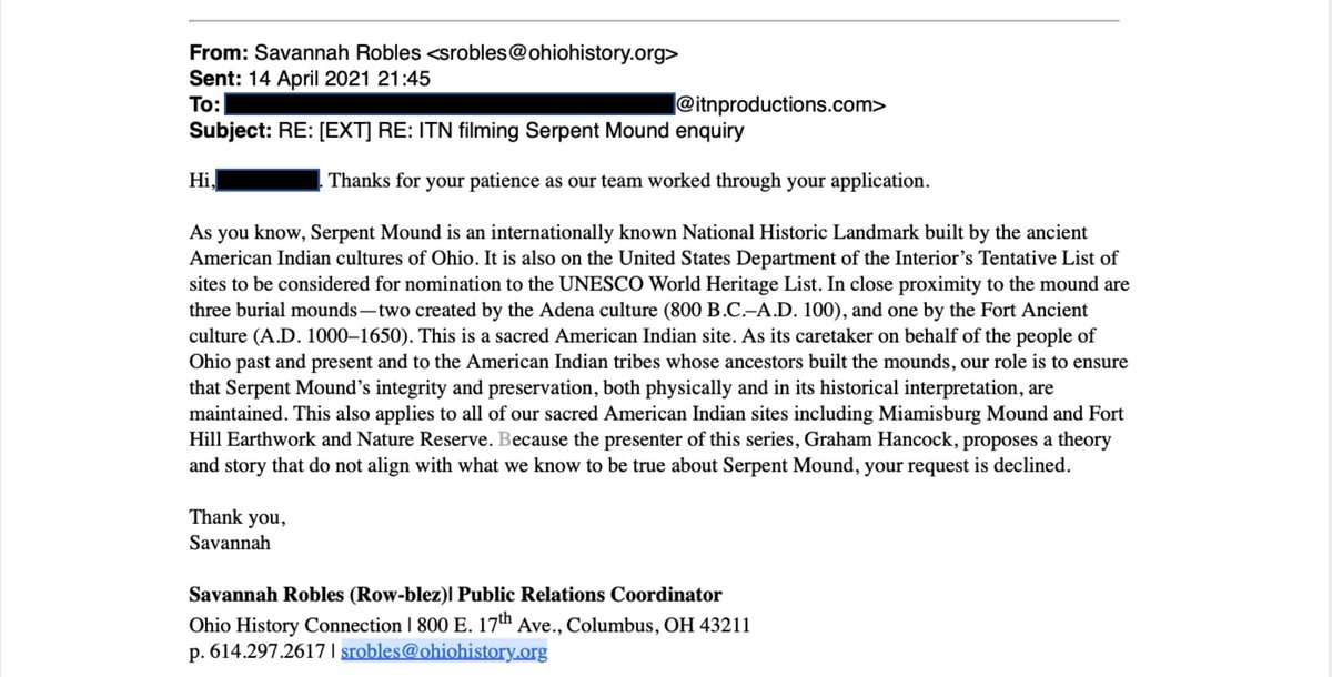 During the making of my Netflix docuseries Ancient Apocalypse (grahamhancock.com/ancient-apocal…) I and my crew from ITN Productions were banned from filming at Serpent Mound in Ohio. Many are amazed that such censorship could have occurred in the United States, so here's the evidence: