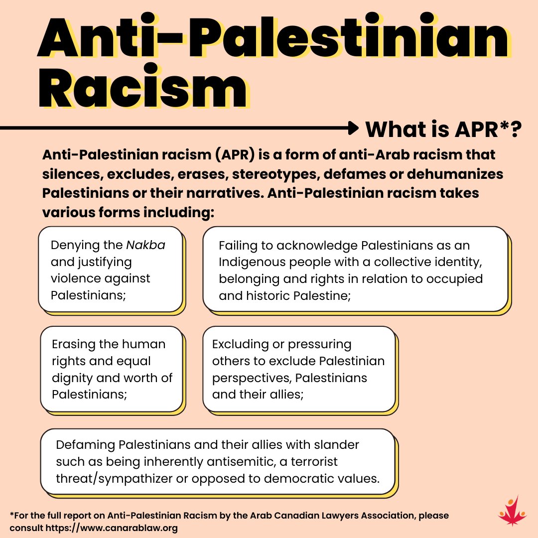 OpposeAPR's tweet image. Anti-Palestinian Racism is a form of anti-Arab racism that silences, excludes, erases, stereotypes, defames or dehumanizes Palestinians or their narratives. It manifests itself in many different ways in Canadian society. Learn more: cjpme.org/fs_227 #OpposeAPR #cdnpoli