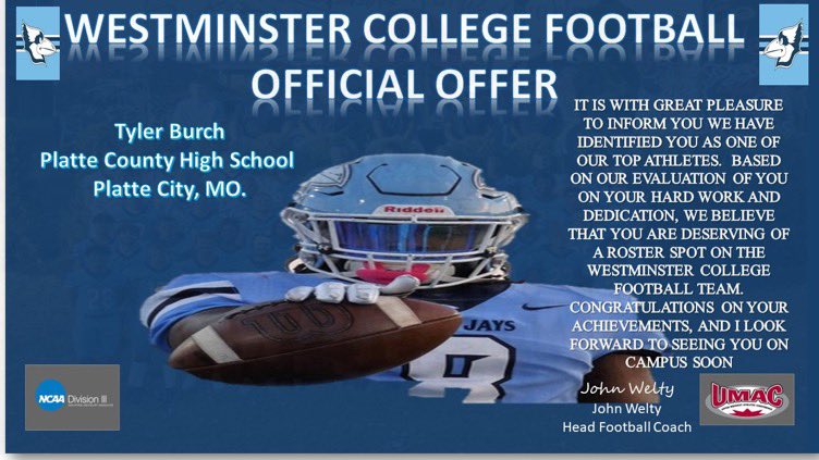 After talking to @ekern2 ,I am extremely blessed to receive my first official offer from <a href="/WESTMOFB/">Westminster College Football</a> <a href="/_pcpirates/">Platte County Football</a>