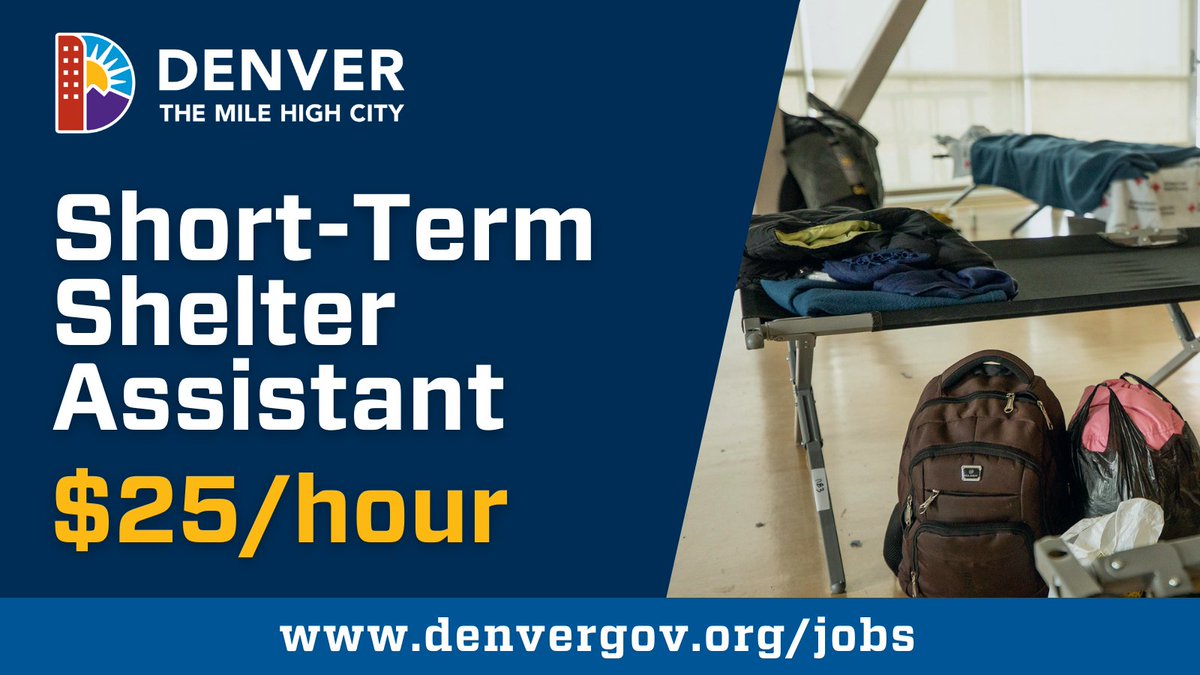DenverCityJobs's tweet photo. Denver needs shelter workers to support people arriving in our city from Central and South America.
- $25/Hour
- On-Call positions, 24-39 hours per week
- Bilingual/Spanish skills needed but not required
- Apply: https://t.co/Zi7t9uqfQu
@DenverDHS #WhereDenverWorks https://t.co/a9SFpL9iyz