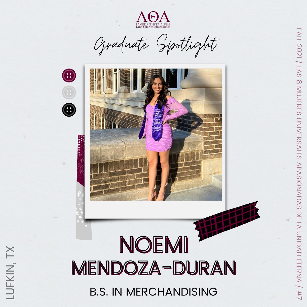 🎓 GRADUATE SPOTLIGHT 🎓
•
NOEMI MENDOZA-DURAN, a Fall 2021 initiate of <a href="/lta_etazeta/">SFASU Lambda Theta Alpha</a> from Lufkin, TX, graduated from SFA with a B.S. in Merchandising and a Minor in Modern Languages. She plans to work at a retail corporate office.