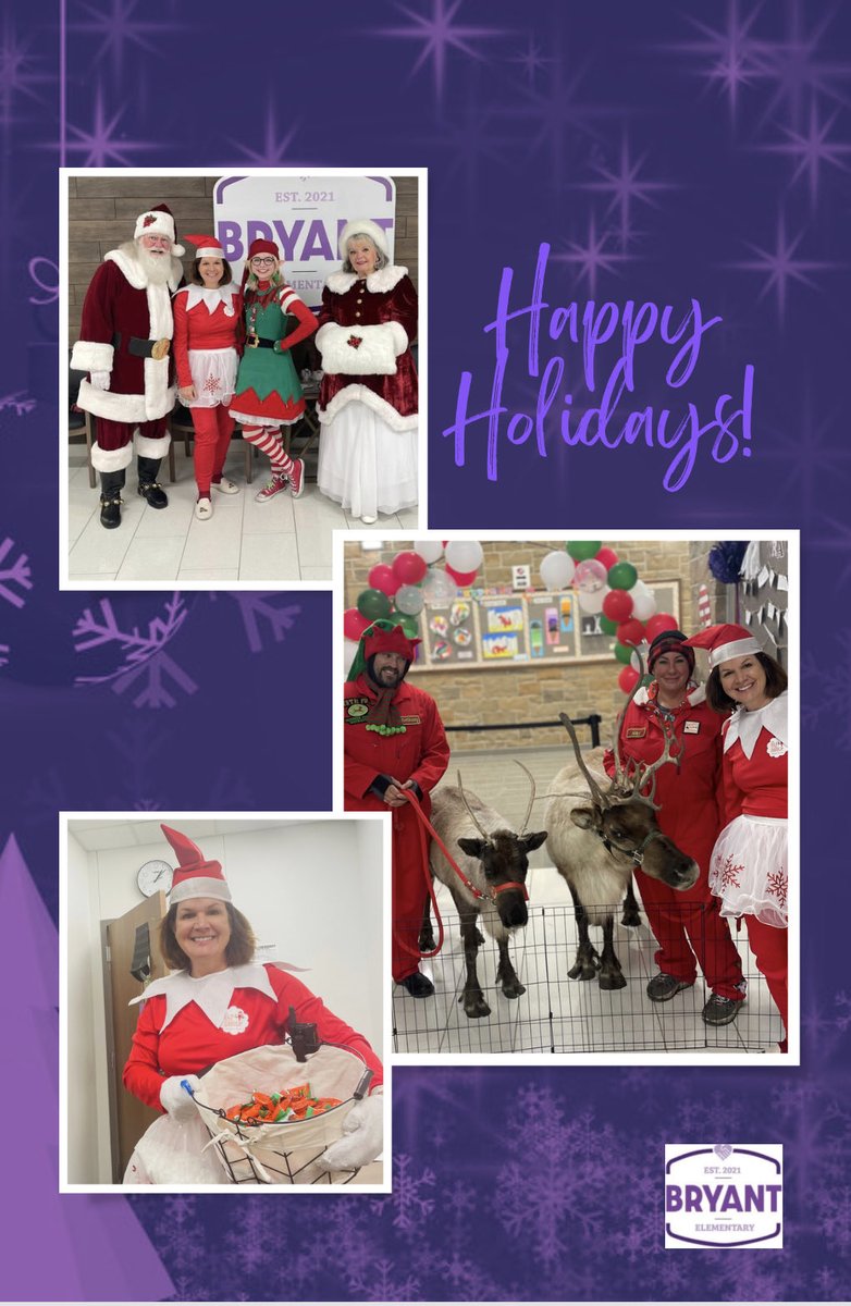 Happy Holidays from Bryant Staff and your favorite elf ⁦@KimNewman2019⁩ 💜 Have a safe and joyful break!  We will miss you!! #BlazingTrails #ProsperProud