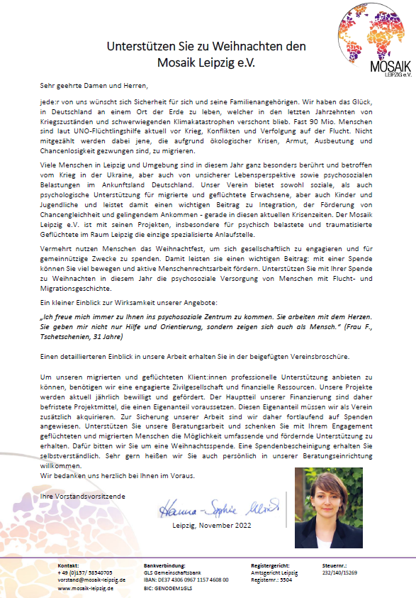 HannaSophieUlr1's tweet photo. #MosaikLeipzig bittet um Ihre Spende in diesem Jahr: Es geht um den Erhalt #psychosozialer #Versorgung #Geflüchteter in #Leipzig und Umland! Ab 2023 auch für #KinderundJugendliche u.A. aus der #Ukraine. Einblicke in unsere Arbeit: https://t.co/KA03dnrhAo
Tausend Dank! https://t.co/5RGga75R2w