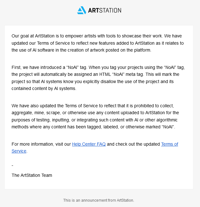 3DVF's tweet photo. 🇫🇷 Nouvelles CGU ArtsSation annoncées, tag NoAI destiné à ce que les créations ne soient pas incluses dans les datasets des IA. 
🇺🇸 @ArtStationHQ announces updated TOS, 'NoAI' tag to "explicitly disallow the use of the project [...] by AI systems."
#noaiart #ai #artstation https://t.co/EG2TeD4GlQ